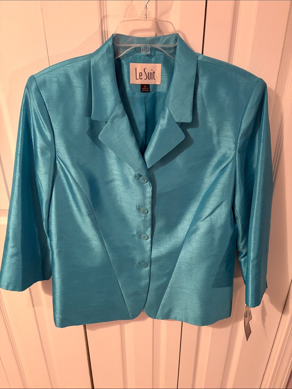 Le Suit Shimmery Turquoise Button-Front Blazer